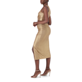 OPAL GOLD METALLIC BODYCON MIDI SKIRT